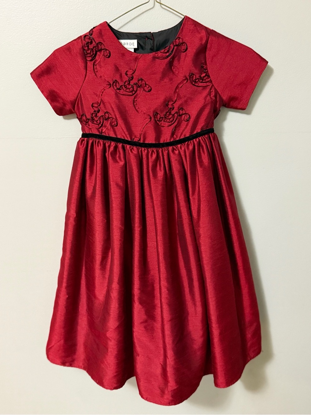 George Girls Size 6 Red Formal Holiday Dress Black Floral Christmas Party
